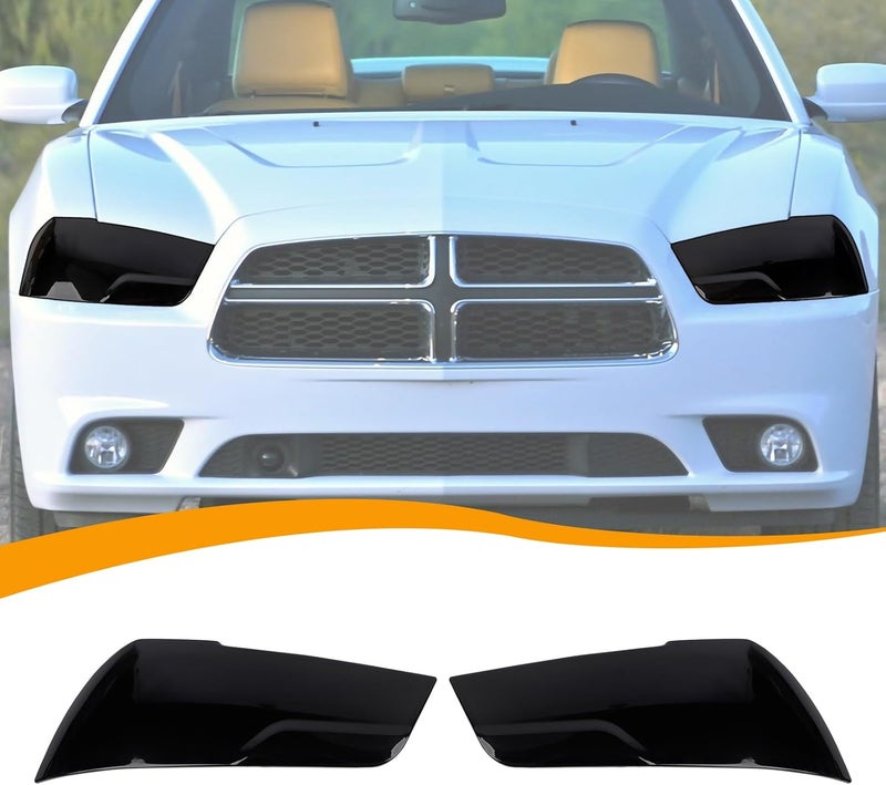 Hoolcar غطاء مصباح الرأس الأمامي حارس إطار زينة ملحقات خارجية متوافقة مع دودج تشارجر 2011-2014، أسود مدخن، 2 قطعة - Image 1